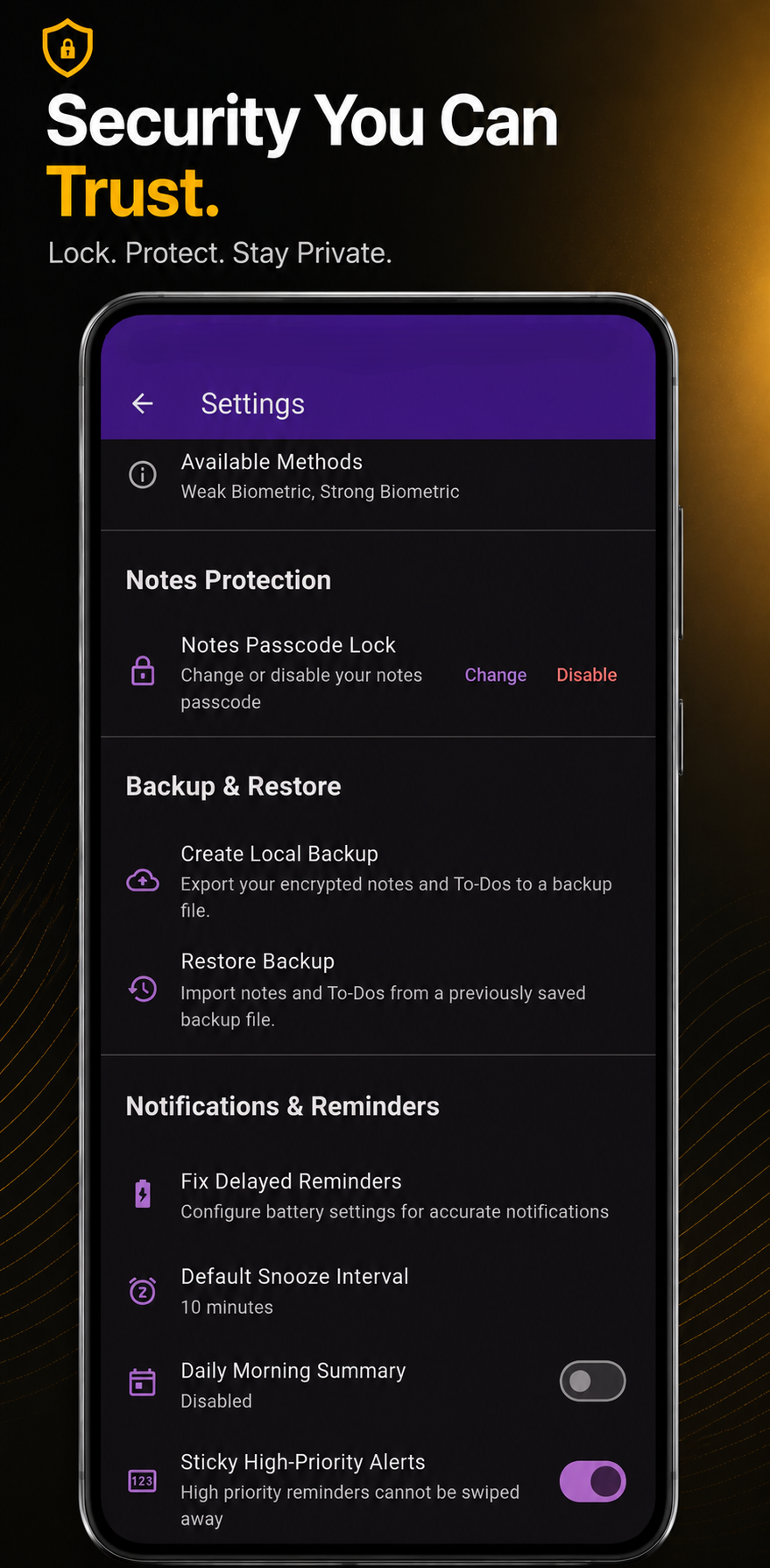 Priv Notes Security and App Settings